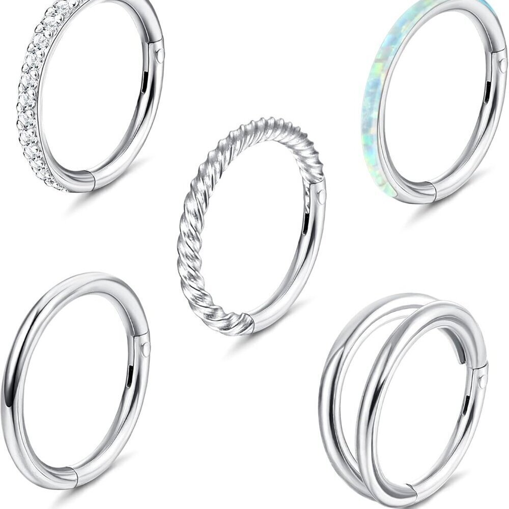 5 Pcs Surgical Steel Nose Hoop Rings Opal CZ Hinged Septum Earring